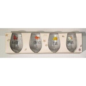 Rae Dunn Stemless Wine Glasses Beach Relax Enjoy Set of Four NEW
